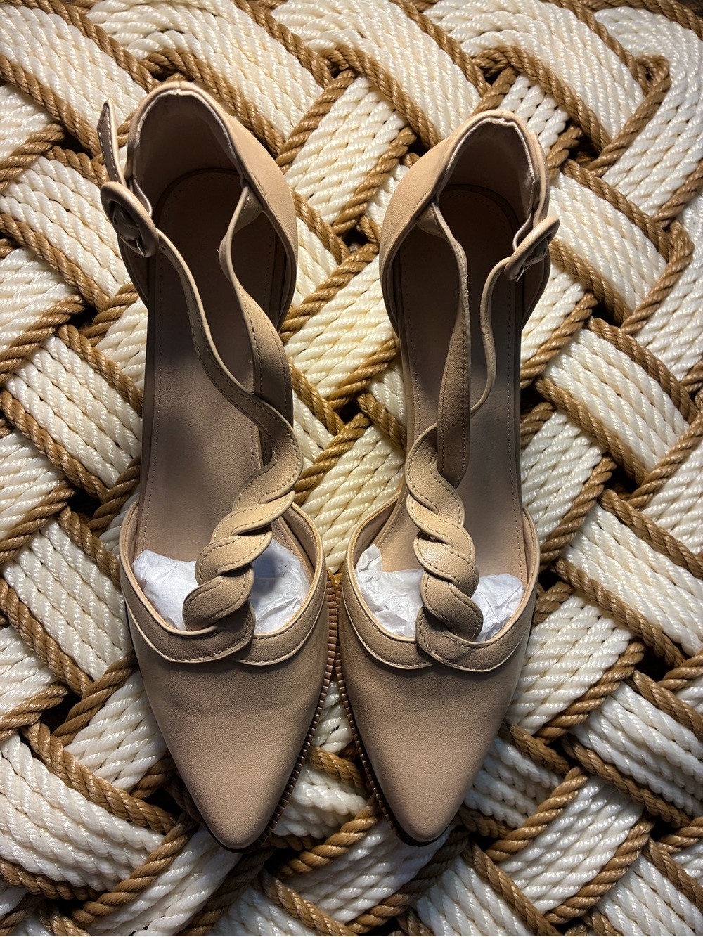 Pointed-Toe Braided Ankle-Strap Heels in Tan (NWOT)